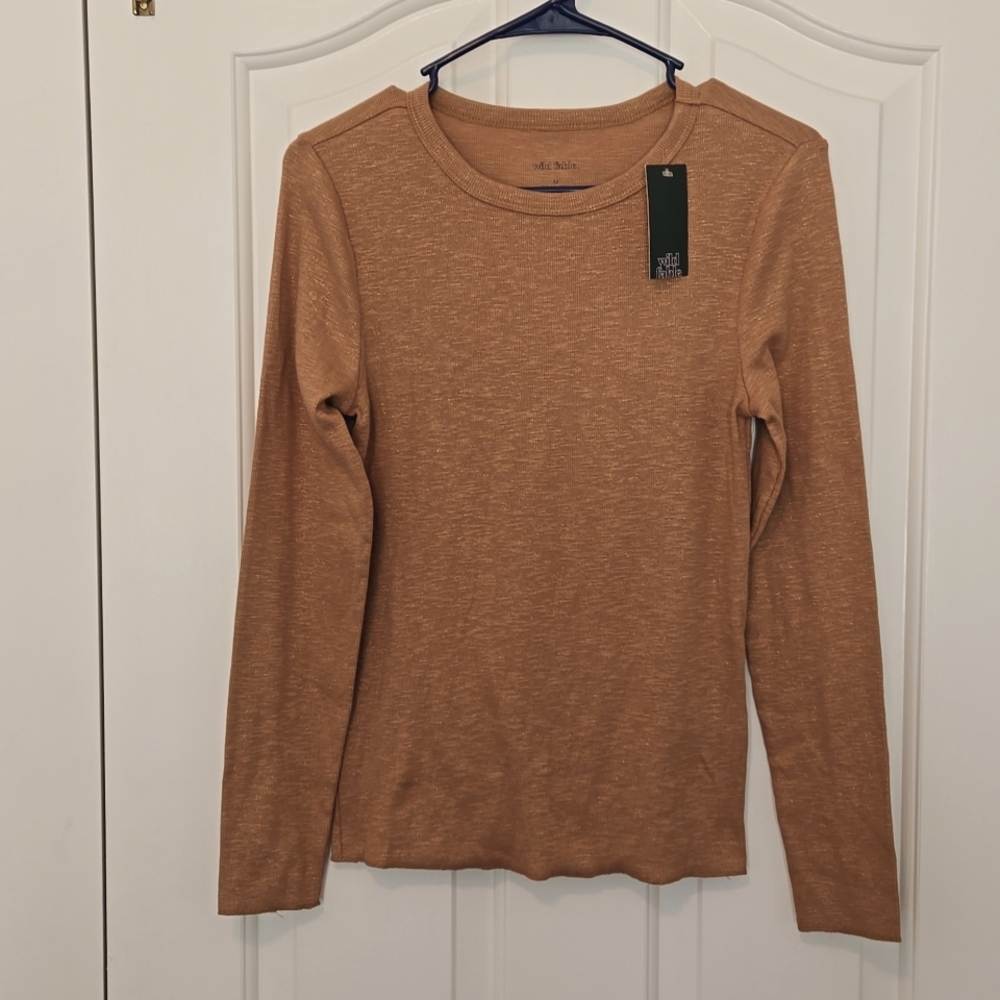 Wild Fable Metallic Ribbed Long Sleeve Top NWT Medium Gold Brown Stretch Women's